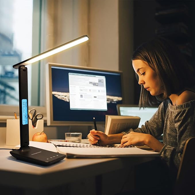LAOPAO LED Desk Lamp with Wireless Charger, USB Charging Port, Adjustable & Foldable with Clock, Alarm, Date, Temperature, 5-Level Dimmable Lighting, for Office with Adapter - LeafyLoom