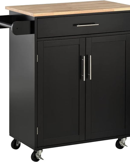 HOMCOM Kitchen Island Cart Rolling Trolley Cart with Drawer, Storage Cabinet & Towel Rack, Black - LeafyLoom