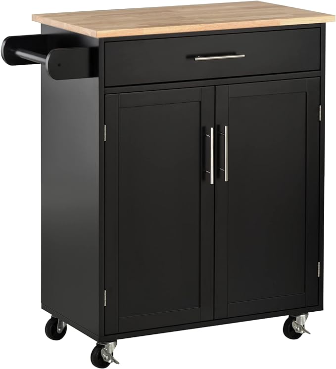 HOMCOM Kitchen Island Cart Rolling Trolley Cart with Drawer, Storage Cabinet & Towel Rack, Black - LeafyLoom