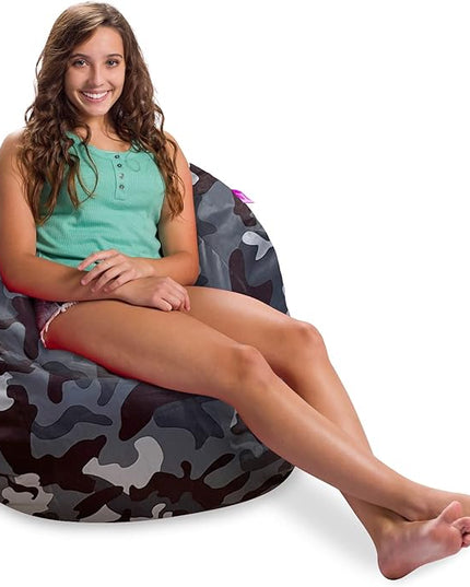 Posh Creations Structured Comfy Bean Bag Chair for Gaming, Reading and Watching TV, Sonoma Lounge, Nylon - Camo Dark and Black Gray - LeafyLoom