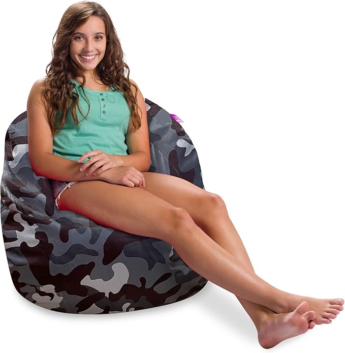 Posh Creations Structured Comfy Bean Bag Chair for Gaming, Reading and Watching TV, Sonoma Lounge, Nylon - Camo Dark and Black Gray - LeafyLoom