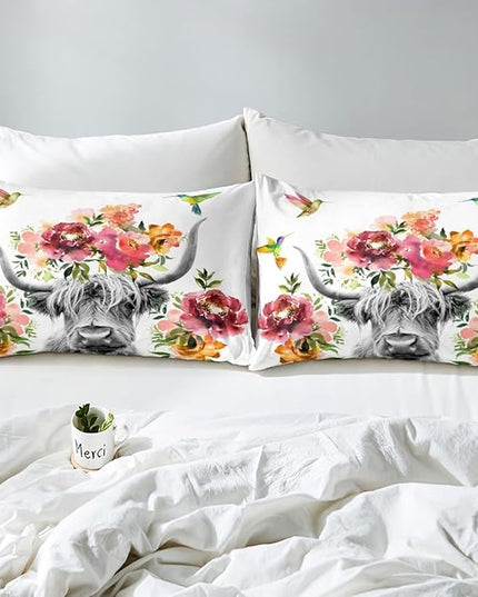 Erosebridal Highland Cow Floral Comforter Set Full Size Bull Cattle Flower Bedding Set Wildlife Farmhouse Cow Quilt Hummingbird Duvet Insert Soft All Season White Down Comforter with 2 Pillowcases - LeafyLoom