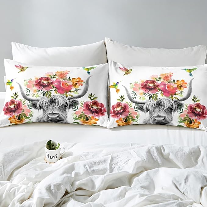 Erosebridal Highland Cow Floral Comforter Set Full Size Bull Cattle Flower Bedding Set Wildlife Farmhouse Cow Quilt Hummingbird Duvet Insert Soft All Season White Down Comforter with 2 Pillowcases - LeafyLoom
