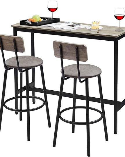 Bar Table and 2 Chairs Set, Industrial Style Bar Stools PU Upholstery Seat with Backrest, 3 Pieces Pub Dining Table Set for Kitchen, Apartment, Small Space, Gray - LeafyLoom