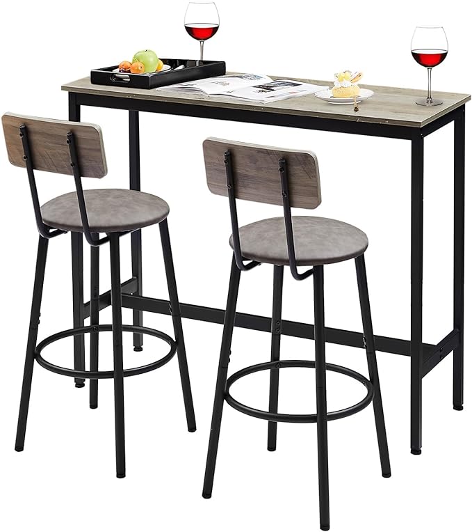 Bar Table and 2 Chairs Set, Industrial Style Bar Stools PU Upholstery Seat with Backrest, 3 Pieces Pub Dining Table Set for Kitchen, Apartment, Small Space, Gray - LeafyLoom