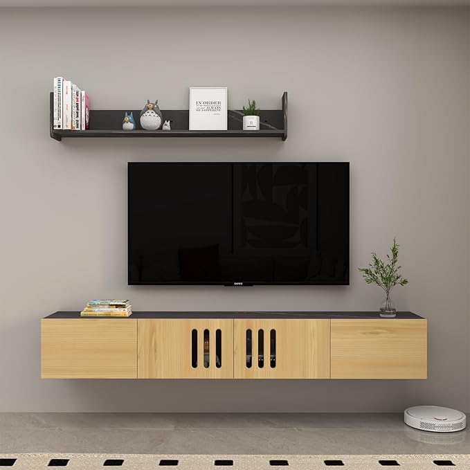 Pmnianhua Floating TV Stand,76'' Wall Mounted TV Cabinet, Mid Century TV Bench Under TV Entertainment Center Shelf TV Console Table with 4 Cabinets for Living Room Bedroom (Light Oak) - LeafyLoom