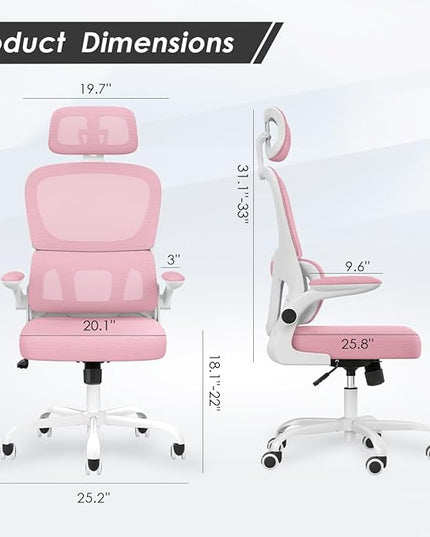 Soohow Ergonomic Home Office Chair, Mesh Desk Chair with Lumbar Support, Comfy Computer Desk Chair with Flip Armrest Rolling Wheels, Adjustable Headrest, Pink. - LeafyLoom