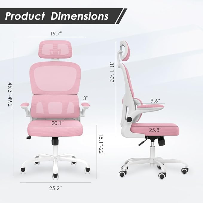 Soohow Ergonomic Home Office Chair, Mesh Desk Chair with Lumbar Support, Comfy Computer Desk Chair with Flip Armrest Rolling Wheels, Adjustable Headrest, Pink. - LeafyLoom