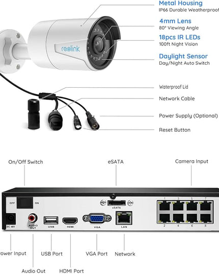 REOLINK 8CH 5MP Security Camera System, 4pcs Wired PoE Cameras for Home Security Outdoors, Smart Person/Pet/Vehicle Detection, 4K 8CH NVR with 2TB HDD for 24-7 Recording, RLK8-410B4-5MP White REOLINK
