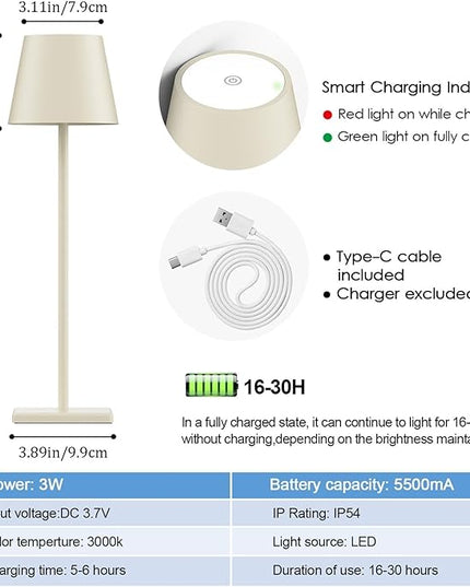 2-Pack LED Cordless Table Lamp, Rechargeable Battery Desk lamp 3W 5500mAh Battery Operated Stepless Dimming Modern Portable Table Light for Restaurant/Bedroom/Outdoor IP54 Waterproof (Off White) - LeafyLoom