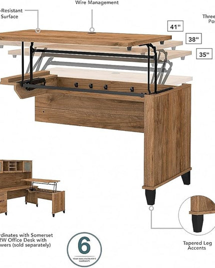 Bush Furniture Somerset 3 Position Sit L Shaped Desk with Hutch | Ergonomic Height Adjustable Standing Computer/Laptop Table for Home Office, 72W, Fresh Walnut - LeafyLoom