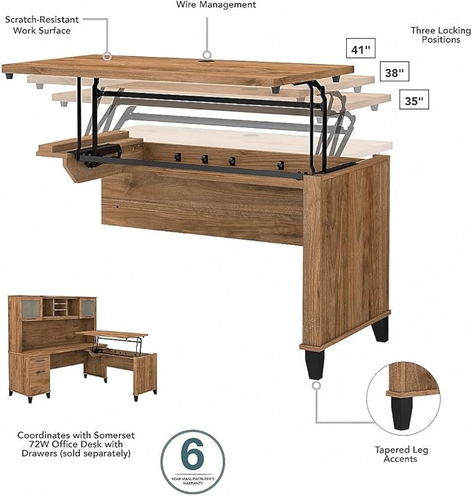 Bush Furniture Somerset 3 Position Sit L Shaped Desk with Hutch | Ergonomic Height Adjustable Standing Computer/Laptop Table for Home Office, 72W, Fresh Walnut - LeafyLoom