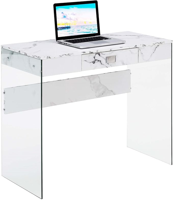 Convenience Concepts SoHo 1 Drawer Glass 36 inch Desk, White Faux Marble/Glass - LeafyLoom
