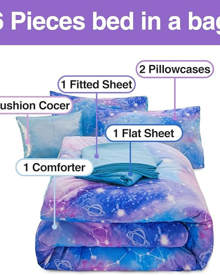 Btargot Lightweight Microfiber 6 Piece Comforter Set, Tie Dye Galaxy Constellation Pattern Bedding Set for Boys Girls Teen, Queen Blue Purple - LeafyLoom
