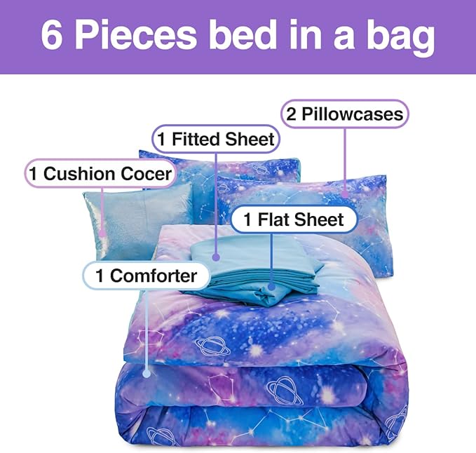 Btargot Lightweight Microfiber 6 Piece Comforter Set, Tie Dye Galaxy Constellation Pattern Bedding Set for Boys Girls Teen, Queen Blue Purple - LeafyLoom