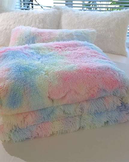 Faux Fur Kids Girls Sunshine Rainbow Comforter Sets Queen - 3PC Bed Set Warm Comfortable Soft Plush Flannel Velvet Fluffy Fuzzy Bedding（Comforter x 1 Pillowcases x 2） - LeafyLoom