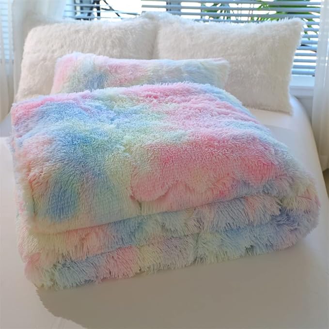 Faux Fur Kids Girls Sunshine Rainbow Comforter Sets Queen - 3PC Bed Set Warm Comfortable Soft Plush Flannel Velvet Fluffy Fuzzy Bedding（Comforter x 1 Pillowcases x 2） - LeafyLoom