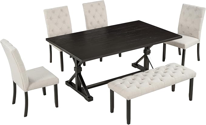 RITSU 6-Piece 72-Inch Rectangular Dining Table Set with 4 Upholstered Button-Tufted Chairs and Bench W/Wooden Structure & Shaped Legs for Living Room, Apartment, Espresso, 72inch - LeafyLoom