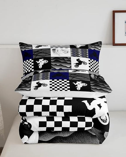 Dirt Bike Comforter Set, Motocross Rider Bedding Comforter Sets Queen, Motorcycle Grunge Down Comforter For Kids Boys Adult Men, Motorbike Extreme Sport Game Comforter, Buffalo Plaid, Blue Grey Black - LeafyLoom