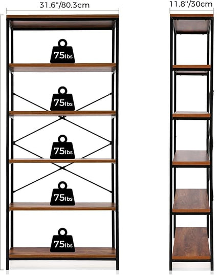 Himimi 6-Tier Bookshelf,Tall Bookcase Industrial Wood Storage Rack with Open Book Shelves,Modern Metal Standing Organizer,Vintage Deep Display Rack for Living Room, Office, Bedroom, Rustic Brown - LeafyLoom