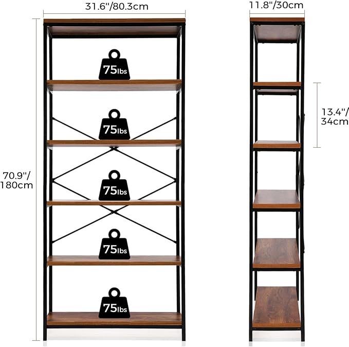 Himimi 6-Tier Bookshelf,Tall Bookcase Industrial Wood Storage Rack with Open Book Shelves,Modern Metal Standing Organizer,Vintage Deep Display Rack for Living Room, Office, Bedroom, Rustic Brown - LeafyLoom