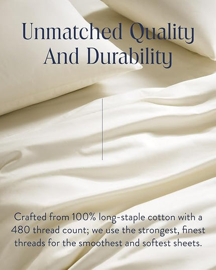 Brooklinen Luxury Sateen 4 Piece Queen Size Sheets Set in Cream - 100% Cotton Sateen Sheets - 1 Fitted Sheet, 1 Flat Sheet, 2 Pillowcases - Best Luxury Sheets Brooklinen
