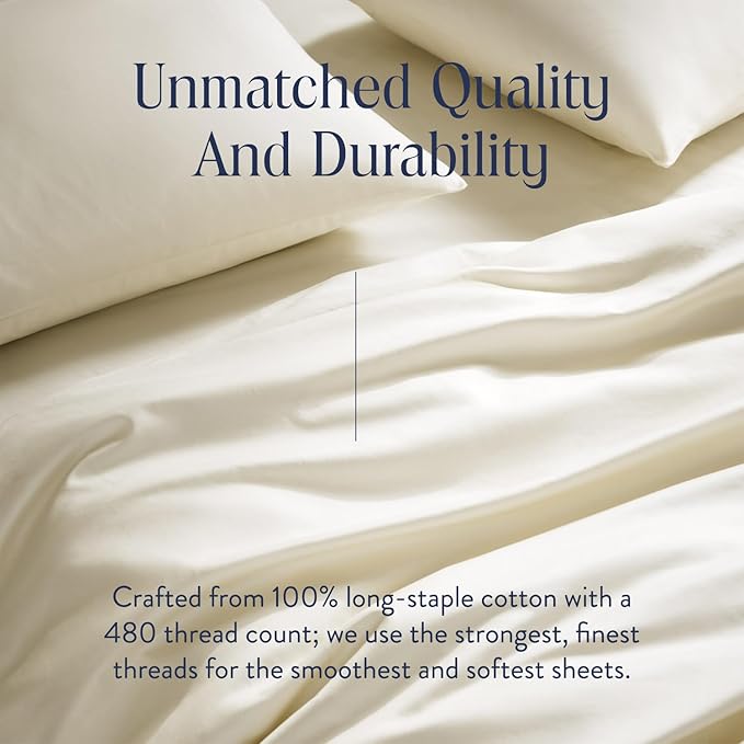Brooklinen Luxury Sateen 4 Piece Queen Size Sheets Set in Cream - 100% Cotton Sateen Sheets - 1 Fitted Sheet, 1 Flat Sheet, 2 Pillowcases - Best Luxury Sheets Brooklinen