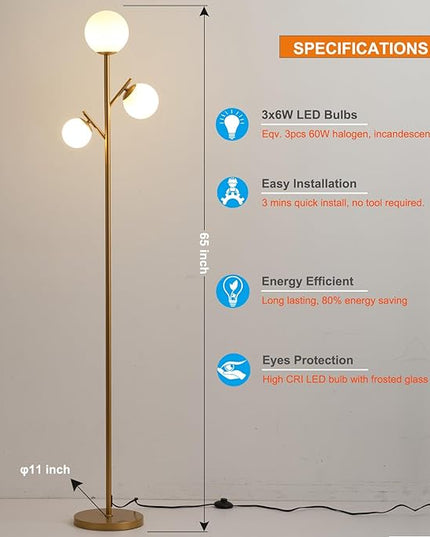 3 Globe Gold Mid Century Floor Lamp, Modern Standing Lamp with Frosted Glass Shade & 3pcs Warm White LED Bulbs, Contemporary Tall Tree Lamp for Living Room, Bedroom - Antique Brass - LeafyLoom