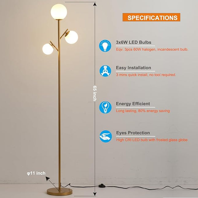 3 Globe Gold Mid Century Floor Lamp, Modern Standing Lamp with Frosted Glass Shade & 3pcs Warm White LED Bulbs, Contemporary Tall Tree Lamp for Living Room, Bedroom - Antique Brass - LeafyLoom
