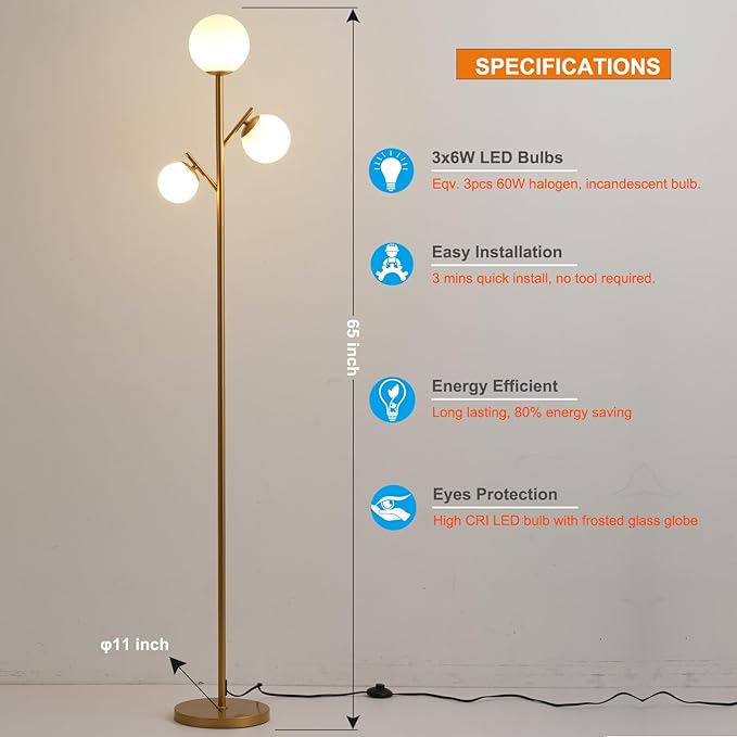 3 Globe Gold Mid Century Floor Lamp, Modern Standing Lamp with Frosted Glass Shade & 3pcs Warm White LED Bulbs, Contemporary Tall Tree Lamp for Living Room, Bedroom - Antique Brass - LeafyLoom