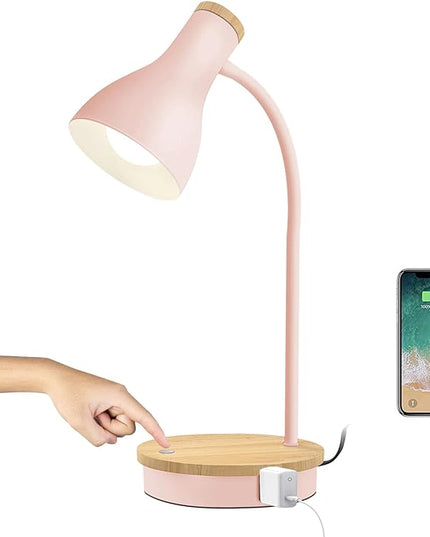 Metal Desk Lamp Touch Reading Lights Table Lamp Arc Desk Lamps for Bedroom, 3 Way Dimmable Bedside Lamp with USB Charging Ports, Reading Lamp for Study Room and Office (Pink-02) - LeafyLoom
