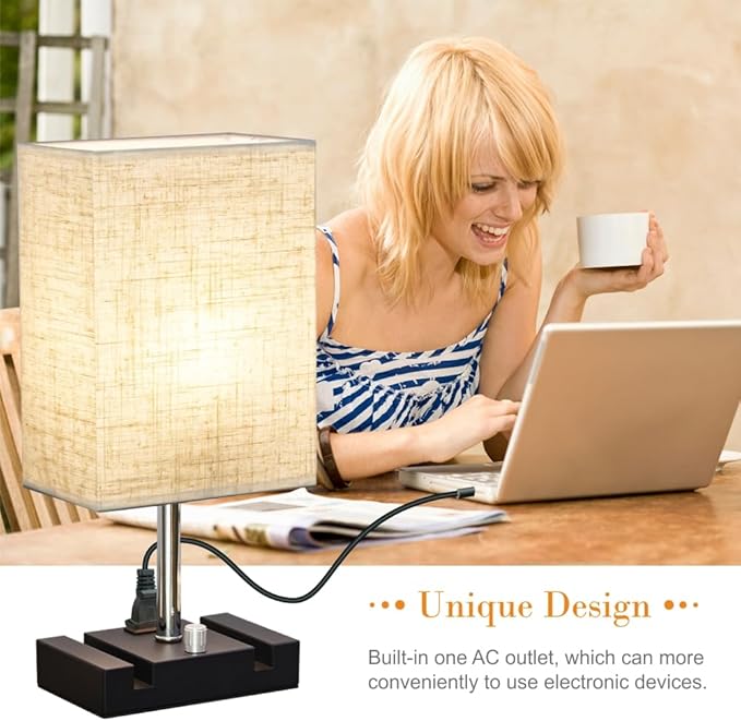 Fully Dimmable Table lamp, Lamps with Two Phone Stands and AC Outlet, Bedside Lamp with Two LED Bulb for Bedroom, Living Room,Study(Set of 2) Fabric - LeafyLoom