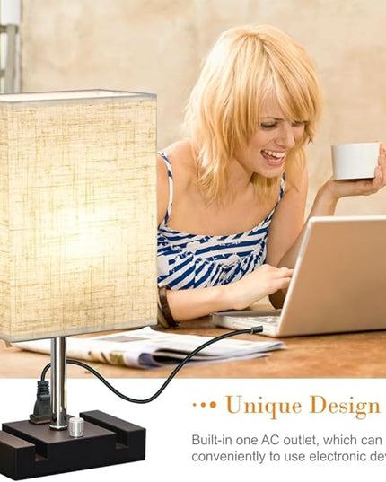 Fully Dimmable Nightstand Lamp for Bedroom with AC Outlet, Table Lamp with Two Phone Stands, Bedside Lamps, Desk Lamp for Bedroom, Living Room, LED Bulb Included Cream - LeafyLoom