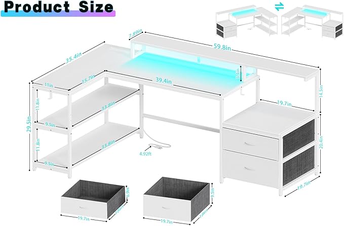 L Shaped Computer Desk with File Drawes,Gaming Desk with Led Lights & Power Outlets, Reversible Office Desk with Shelves White - LeafyLoom