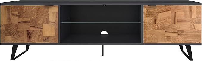 Atelier Mobili Mid Century Modern Door Glass Shelf TV Stand with Storage for TVs up 80 to Inches, Media Console for Living Room, Entertainment Center or Farmhouse TV Stand (Wood Patchwork) - LeafyLoom
