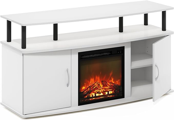 Furinno Jensen Living Room Fireplace TV Entertainment Center with Doors Storage Cabinet for TV up to 55 Inch, Solid White/Black - LeafyLoom