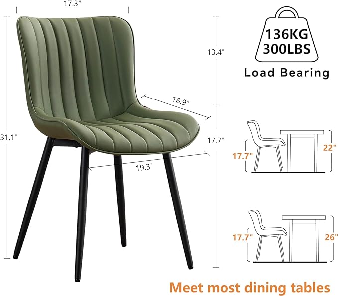YOUNUOKE Olive Green Dining Chairs Set of 2 Upholstered Mid Century Modern Kitchen Chair Armless Faux Leather Side Chairs with Padded Back Metal Legs for Living Room Bedrooms - LeafyLoom