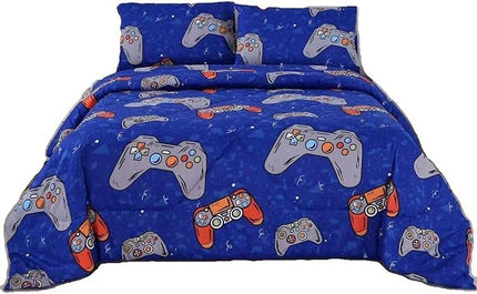 3PCS Blue Gamer Comforter Set Full for Boys Girls Teens and Kids, Soft Microfiber Gaming Bed Comforter Full, Bed in a Bag Full Cute Bedding, Lightweight and Breathable, Full - LeafyLoom