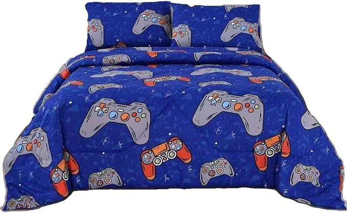 3PCS Blue Gamer Comforter Set Full for Boys Girls Teens and Kids, Soft Microfiber Gaming Bed Comforter Full, Bed in a Bag Full Cute Bedding, Lightweight and Breathable, Full - LeafyLoom