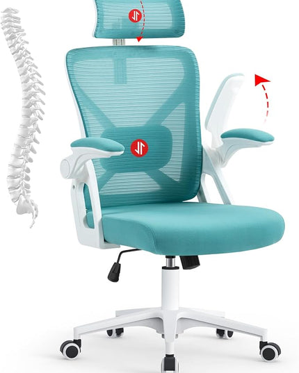 SEATZONE Office Chair, Ergonomic Desk Chair with Adjustable Headrest,Lumbar Support, High Back Mesh Computer Chair with Wheels and Flip-up Armrests,Executive Chairs (Blue-Green) - LeafyLoom