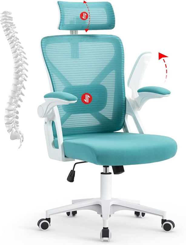SEATZONE Office Chair, Ergonomic Desk Chair with Adjustable Headrest,Lumbar Support, High Back Mesh Computer Chair with Wheels and Flip-up Armrests,Executive Chairs (Blue-Green) - LeafyLoom