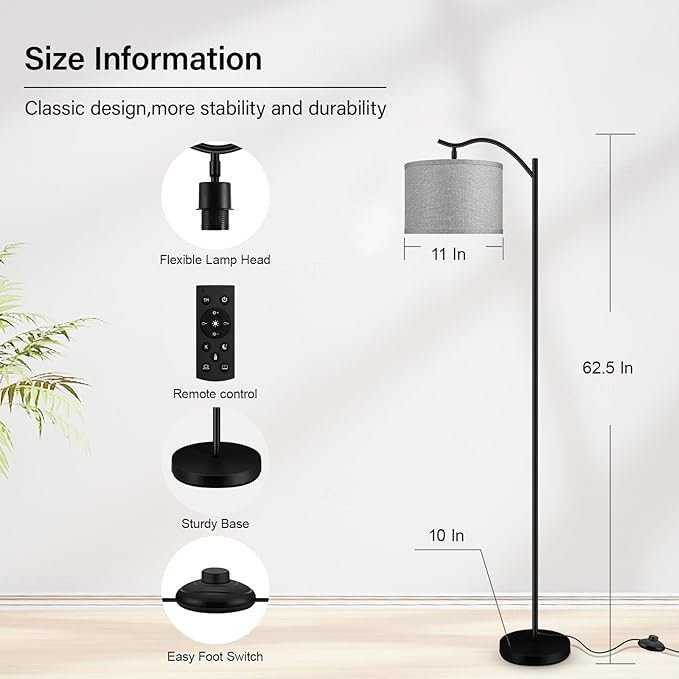 BoostArea Floor Lamp for Living Room,Arc Floor Lamp with Remote Control,Stepless Dimmable Brightness & Colors Temperature 2700k-6500k,Modern Standing Lamp for Bedroom Study Room Office,Grey - LeafyLoom