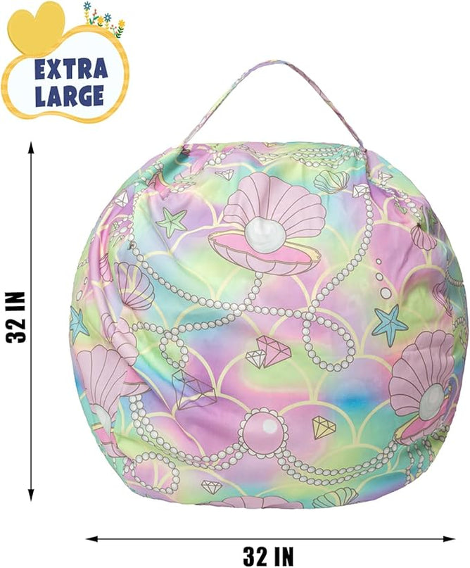 Stuffed Animal Storage Bean Bag Chair Cover, Hold Kids Plush Toys Blankets Towels Beanbag (Cover Only), Canvas Floor Circle Stuff Sit Seat Sofa with YKK Zipper, Large 32", Pink Shell - LeafyLoom