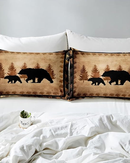 Bear Comforter Set Twin Size Farmhouse Wild Animal Comforter Retro Bear Family Bedding Set for Kids Boys Girls Brown Bear Paws Duvet Set Rustic Bedroom Decor Quilted Set 2Pcs - LeafyLoom