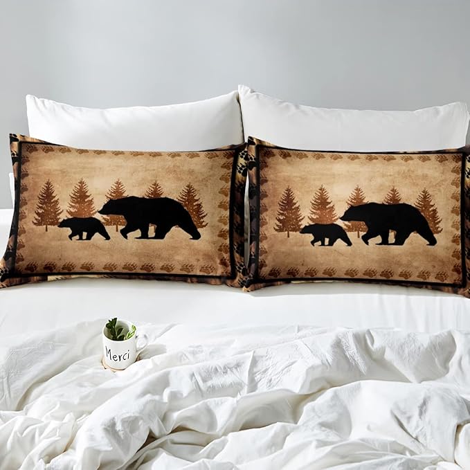 Bear Comforter Set Twin Size Farmhouse Wild Animal Comforter Retro Bear Family Bedding Set for Kids Boys Girls Brown Bear Paws Duvet Set Rustic Bedroom Decor Quilted Set 2Pcs - LeafyLoom