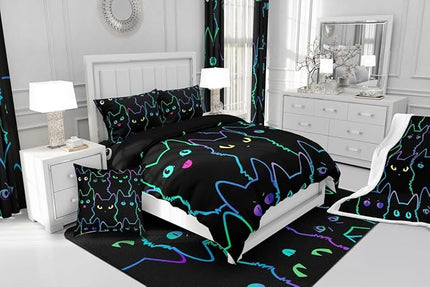Erosebridal Teen Girl Bedding Full Size Cute Cat Kids Comforter Set Rainbow Line Cats Bedding Sets for Girls Boys Cartoon Kawaii Animal Quilt Set Reversible Black All Season,2 Pillow Cases - LeafyLoom
