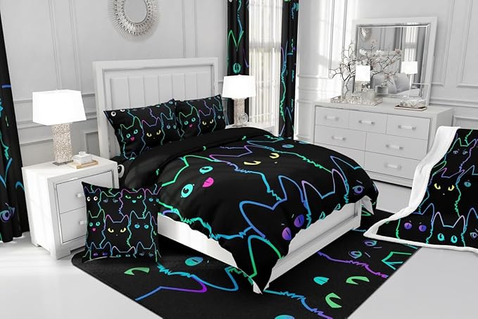 Erosebridal Teen Girl Bedding Full Size Cute Cat Kids Comforter Set Rainbow Line Cats Bedding Sets for Girls Boys Cartoon Kawaii Animal Quilt Set Reversible Black All Season,2 Pillow Cases - LeafyLoom