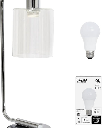 Simple Designs LD1036-CHR-LB 18.8" Industrial Bronson Antique Style Iron Lantern Desk Table Lamp with Glass Shade for Home Décor, Office, Living Room, Bedroom, Chrome, with Feit LED Bulb Included - LeafyLoom