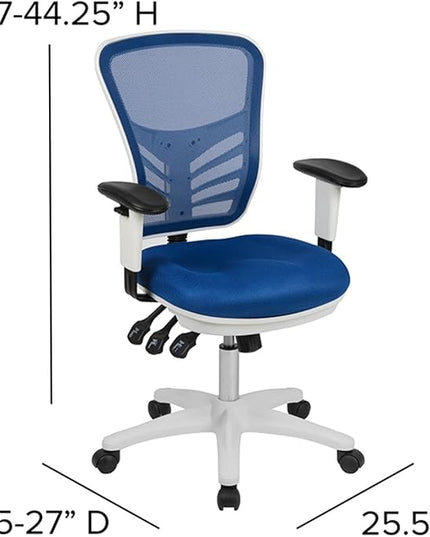 Flash Furniture Nicholas Mid-Back Blue Mesh Multifunction Executive Swivel Ergonomic Office Chair with Adjustable Arms and White Frame - LeafyLoom