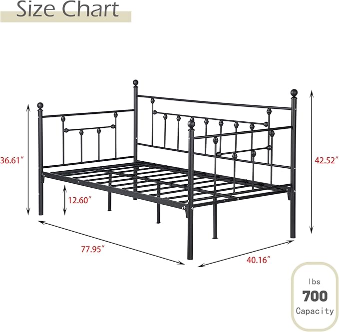 alazyhome Twin Size Metal Daybed Guest Bed Frame for Living Room Bedroom Steel Slat Support No Box Spring Needed Space Saving Black - LeafyLoom